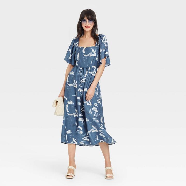 Women's Flutter Short Sleeve Tie-back Dress - A New Day Blue