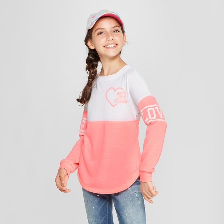Miss Chievous Girls' 'hope, Love And Dream' Colorblock Long Sleeve T-shirt - Peach/white