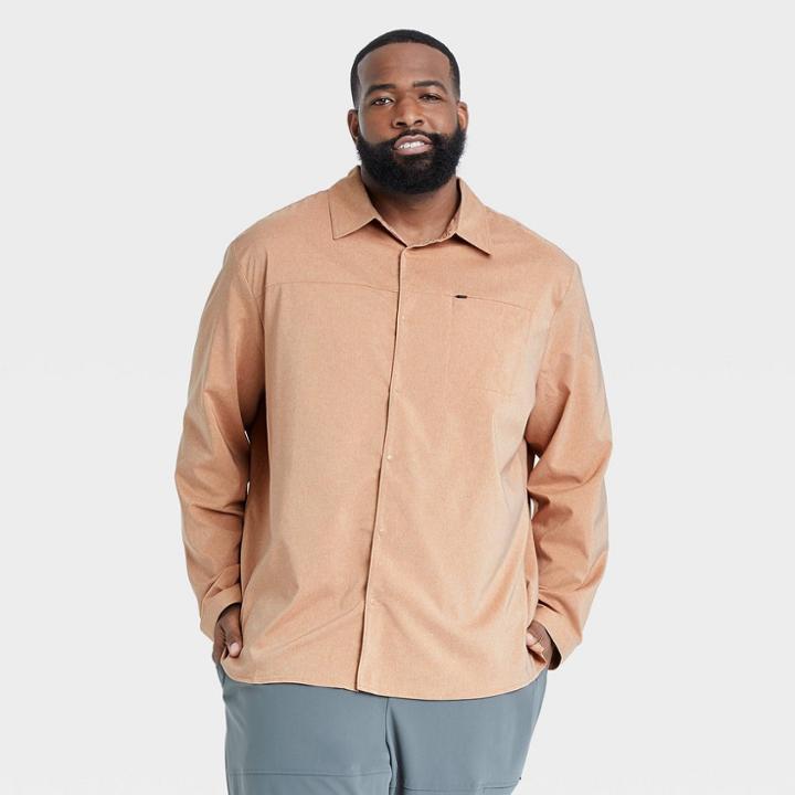 Men's Big & Tall Long Sleeve Button-up T-shirt - All In Motion Dark Butterscotch