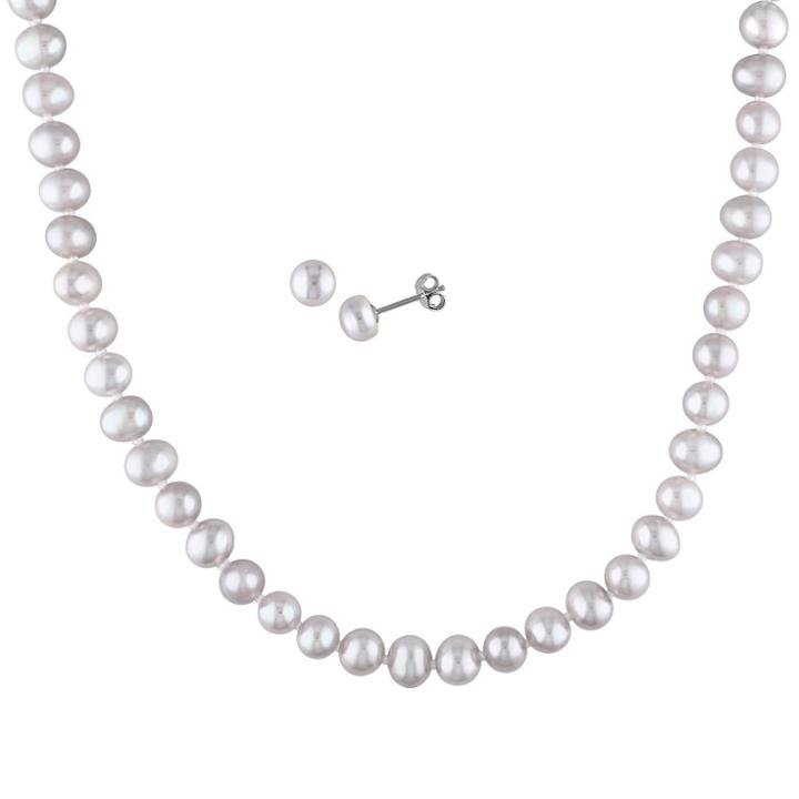 Allura Freshwater Cultured Pearl Stud Earrings Set And 7-8mm Freshwater Cultured White Pearl Necklace - White