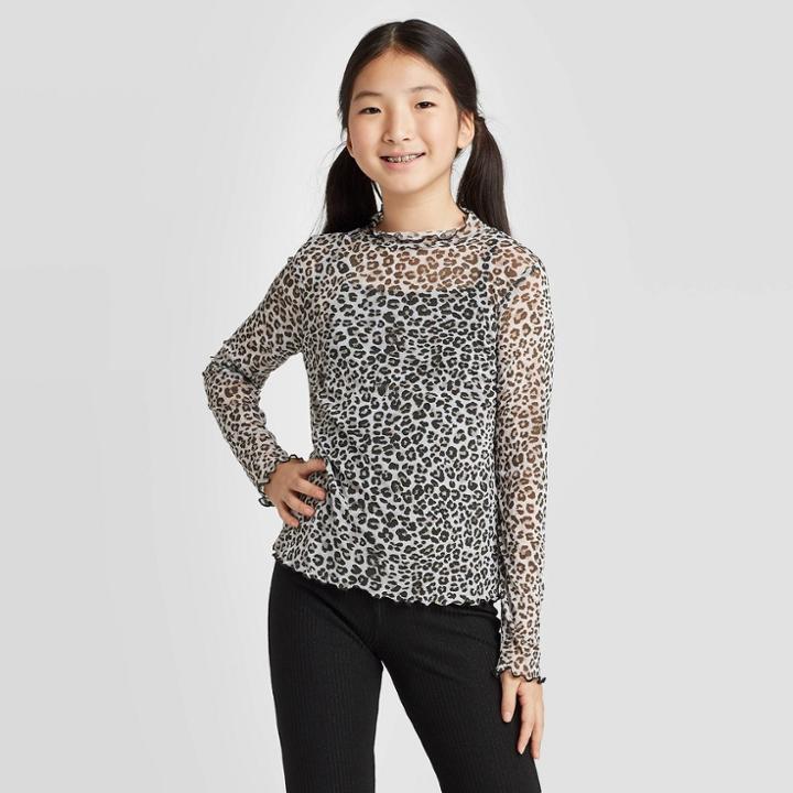 Girls' Long Sleeve Mesh Mock Neck Top - Art Class Gray M, Girl's,