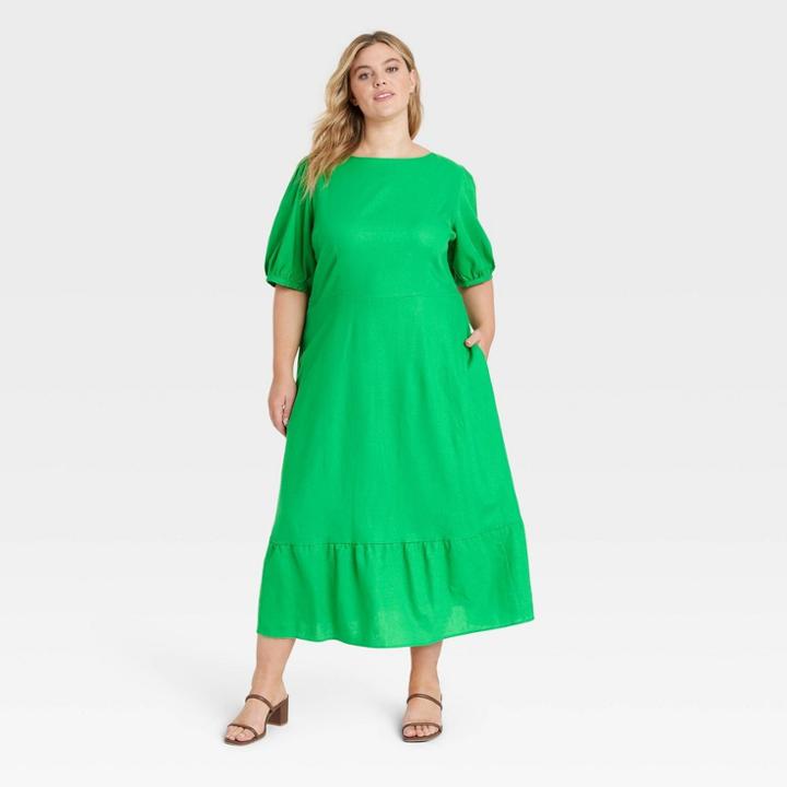 Women's Plus Size Bishop Elbow Sleeve Tie-back Dress - Who What Wear Dark Green