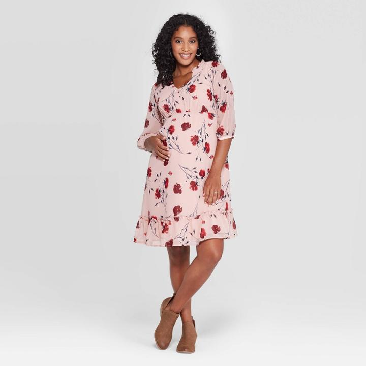 Maternity Floral Print 3/4 Sleeve Woven Party Mini Dress - Isabel Maternity By Ingrid & Isabel Smoked Pink L, Women's,