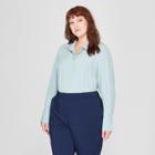 Women's Plus Size Long Sleeve Collared Button-down Blouse - Prologue Blue