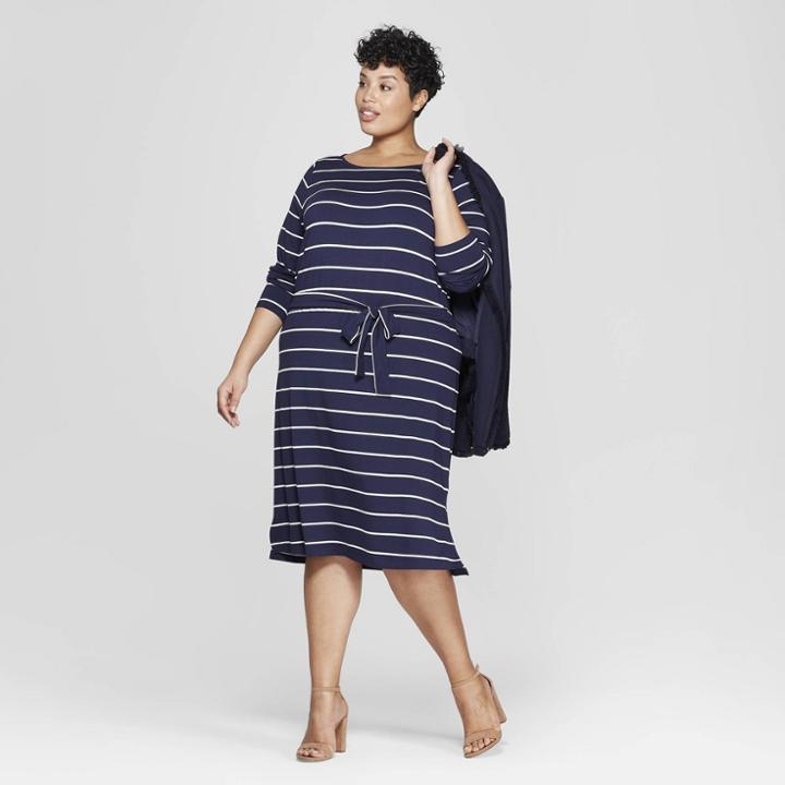 Women's Plus Size Striped Long Sleeve Knit Dress - Ava & Viv Navy/white
