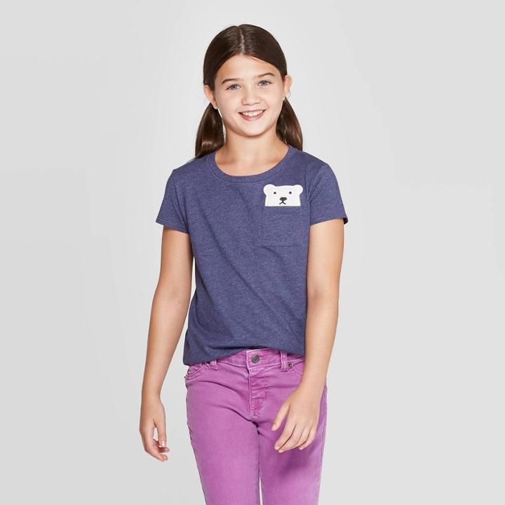 Petitegirls' Short Sleeve Polar Bear Pocket T-shirt - Cat & Jack Navy M, Girl's, Size: