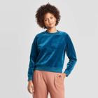 Women's Regular Fit Long Sleeve Crewneck Velour Pullover - A New Day Blue L, Women's,