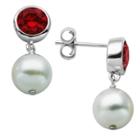 Prime Art & Jewel Sterling Silver Genuine White Pearl And Bezel Set Lab Created Ruby Post Earrings, Girl's,