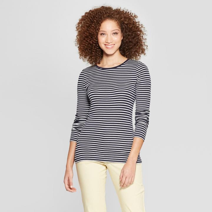 Women's Striped Long Sleeve Fitted Crew Neck T-shirt - A New Day Navy (blue)