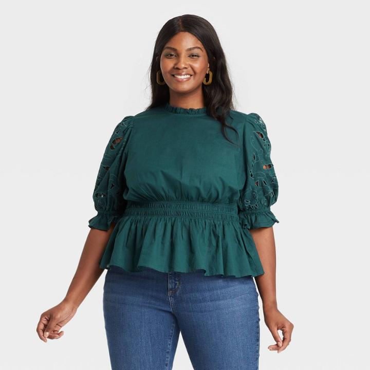 Women's Plus Size Puff Short Sleeve Eyelet Peplum Top - Universal Thread Dark Green