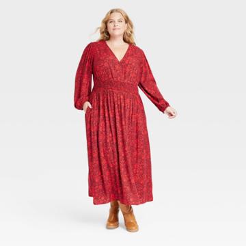 Women's Plus Size Long Sleeve A-line Dress - Knox Rose Wine Red Floral