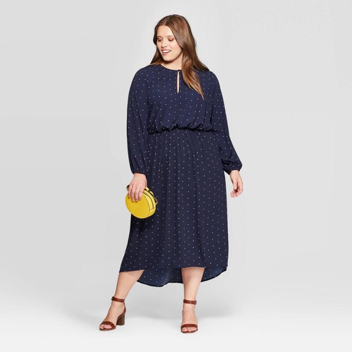 Women's Plus Size Polka Dot Long Sleeve V-neck Midi Dress - Ava & Viv Navy X, Women's, Blue