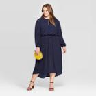 Women's Plus Size Polka Dot Long Sleeve V-neck Midi Dress - Ava & Viv Navy X, Women's, Blue