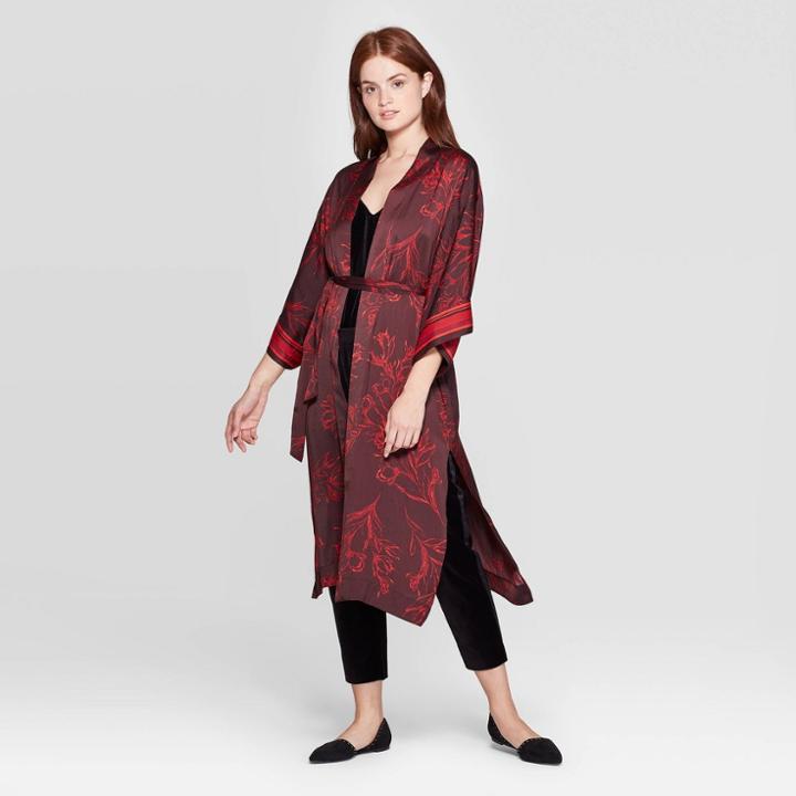 Women's Floral Print Kimono - A New Day Burgundy One Size, Women's, Red