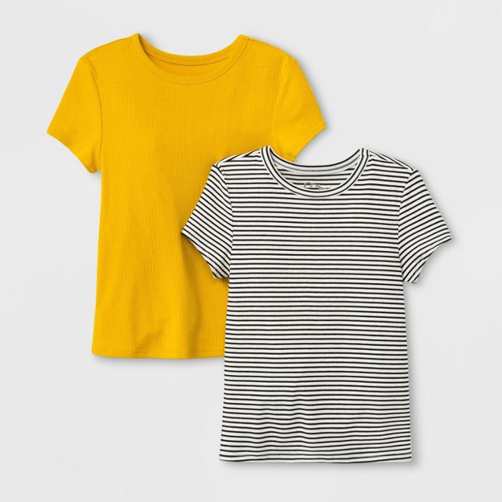 Girls' Short Sleeve Rib Neck 2pk T-shirt - Art Class Black & White/gold