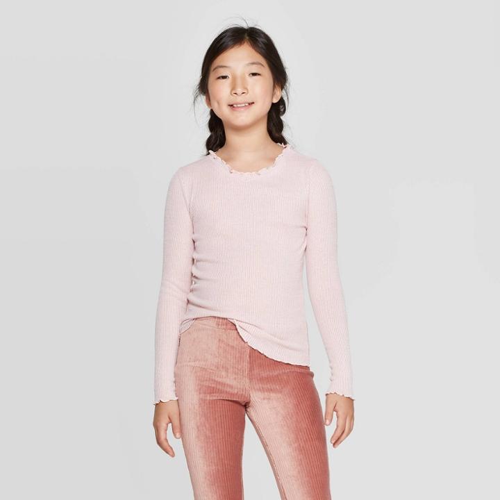 Girls' Long Sleeve Lettuce Edge V-neck T-shirt - Art Class Pink M, Girl's,
