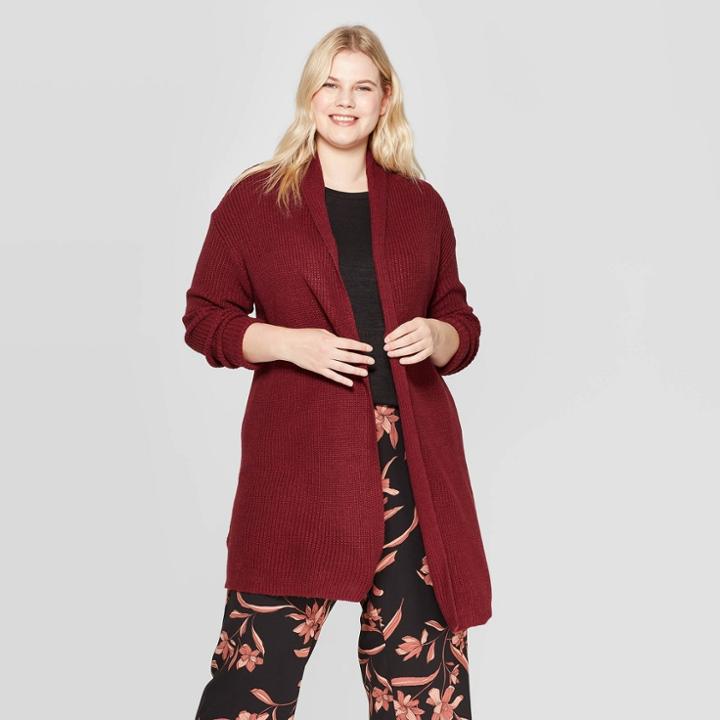 Women's Plus Size Long Sleeve Textured Cardigan - Ava & Viv Burgundy