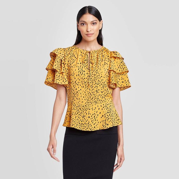 Women's Animal Print Flounce Short Sleeve Split Neck Peplum Ruffle Blouse - Who What Wear Yellow