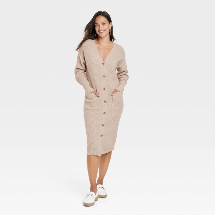 Women's Long Sleeve Button-front Sweater Dress - A New Day Oatmeal