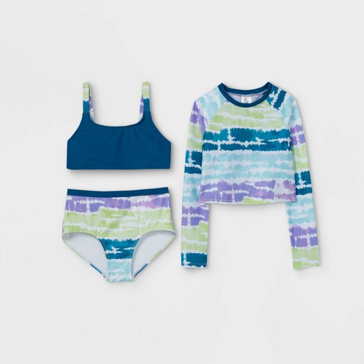 Girls' 3pc Tie-dye Cropped Long Sleeve Rashguard And Bikini Set- Art Class Green