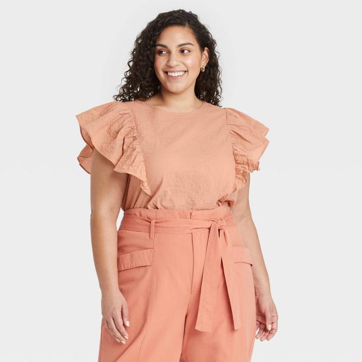 Women's Plus Size Flutter Sleeve Tank Top - A New Day Brown