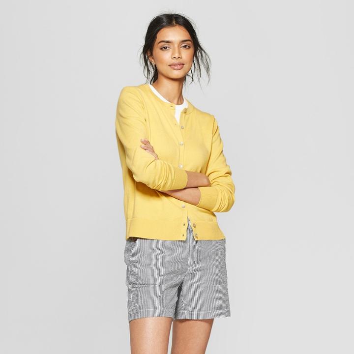 Women's Long Sleeve Crewneck Cardigan - A New Day Yellow