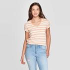 Women's Striped Relaxed Fit Short Sleeve V-neck Button Front Pop Over Blouse - Universal Thread Orange S, Women's,
