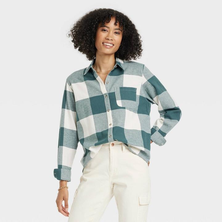 Women's Relaxed Fit Long Sleeve Flannel Button-down Shirt - Universal Thread Teal Green Plaid