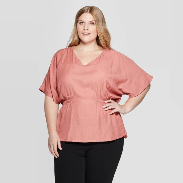 Women's Plus Size Short Sleeve Side Ruched V-neck Blouse - Prologue Rose X, Pink
