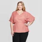 Women's Plus Size Short Sleeve Side Ruched V-neck Blouse - Prologue Rose X, Pink