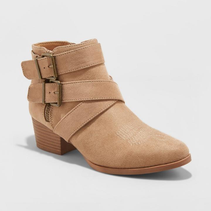 Target Women's Belle-ann Microsuede Buckle Heeled Fashion Bootie - Universal Thread Taupe (brown)