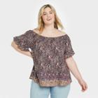 Women's Plus Size Floral Print Short Sleeve Off The Shoulder Top - Knox Rose Brown