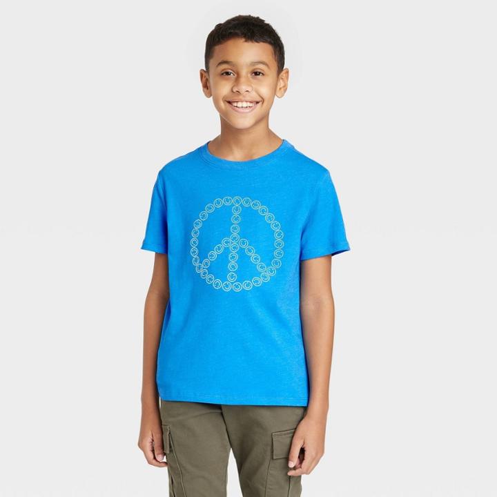 Boys' Short Sleeve Smiley Face Peace Sign Graphic T-shirt - Cat & Jack Blue