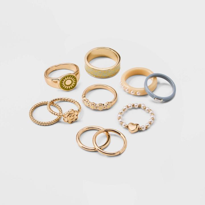 Sun Heart And Flower Stacking Ring Set 10pc - Wild Fable , White