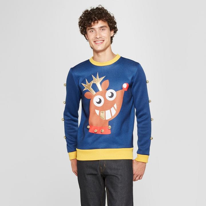 Mad Engine Men's Tall Funky Rudolph Long Sleeve T-shirt - Navy