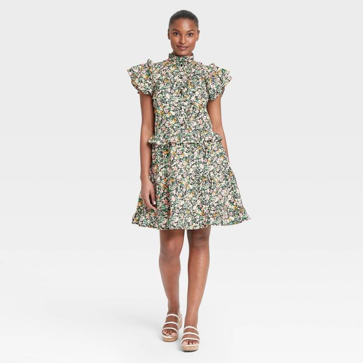 Women's Floral Print Ruffle Short Sleeve Dress - Who What Wear Green