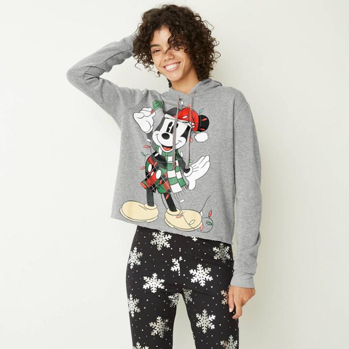 Modern Lux Women's Santa Mickey Ugly Holiday Hooded Sweatshirt - Heather Gray