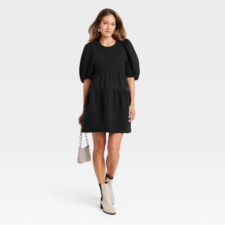 Women's Balloon 3/4 Sleeve Quilted Dress - A New Day Black
