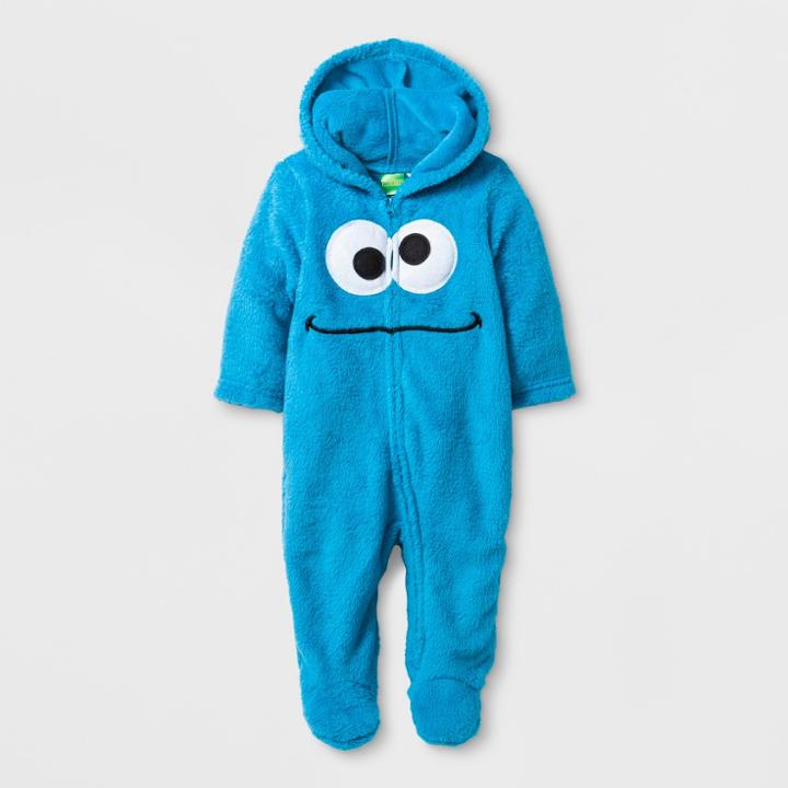 Baby Boys' Sesame Street Cookie Monster Long Sleeve Hooded Romper - Blue