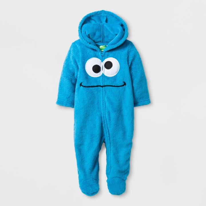 Baby Boys' Sesame Street Cookie Monster Long Sleeve Hooded Romper - Blue