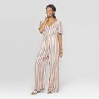 Women's Striped Short Sleeve Deep V-neck Lace Shoulder Cropped Jumpsuit - Xhilaration Blush Pink