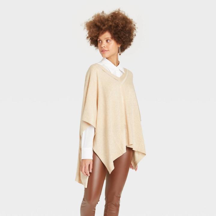 Women's V-neck Knit Poncho - A New Day Tan