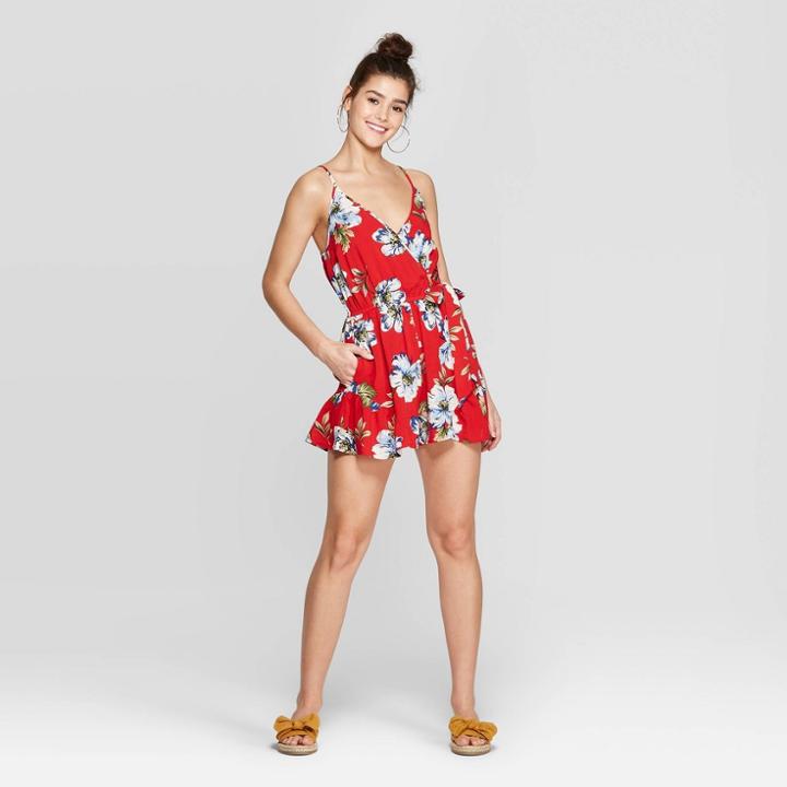 Women's Floral Print Deep V-neck Strappy Wrap Romper - Xhilaration Red Brick