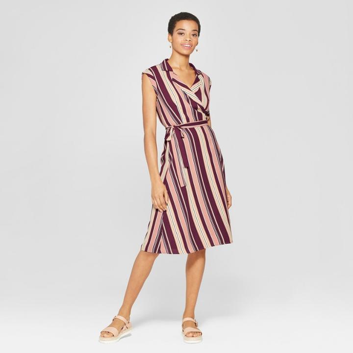 Women's Striped Sleeveless Collared Wrap Dress - Xhilaration Mauve