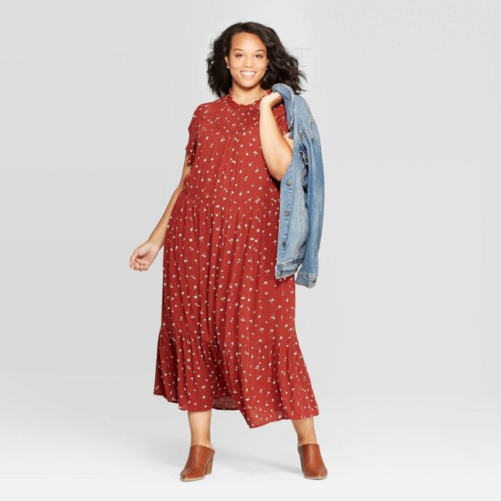 Women's Plus Size Floral Print Sleeveless Crewneck Midi Dress - Universal Thread Rust 2x, Women's,