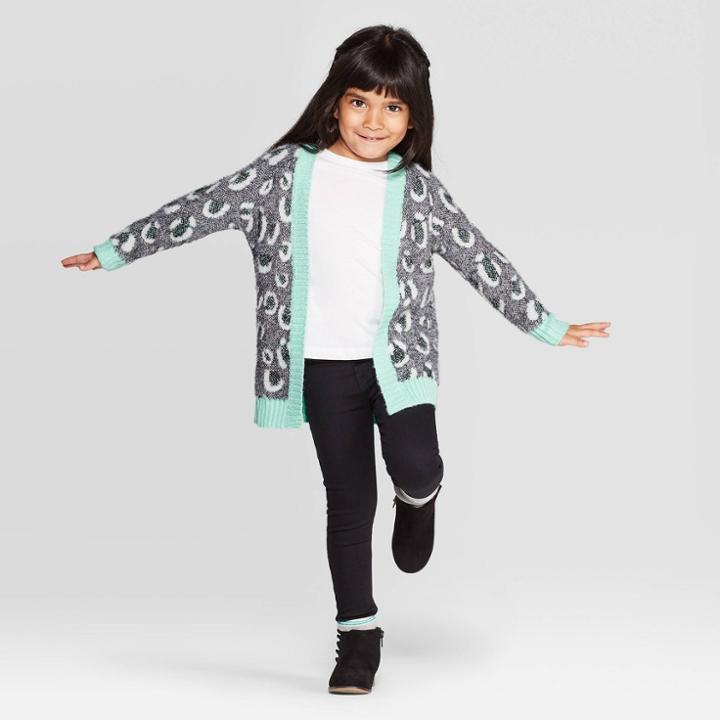 Toddler Girls' Long Sleeve Leopard Print Cardigan - Cat & Jack Gray/aqua 3t, Toddler Girl's, Green