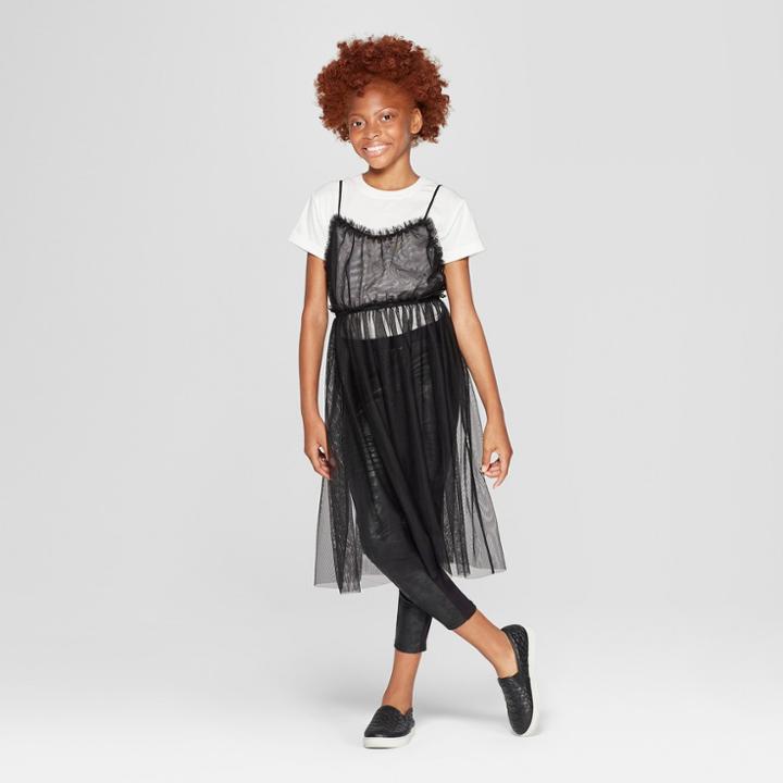 Girls' Long Sleeve Mesh Maxi Dress - Art Class Black/white