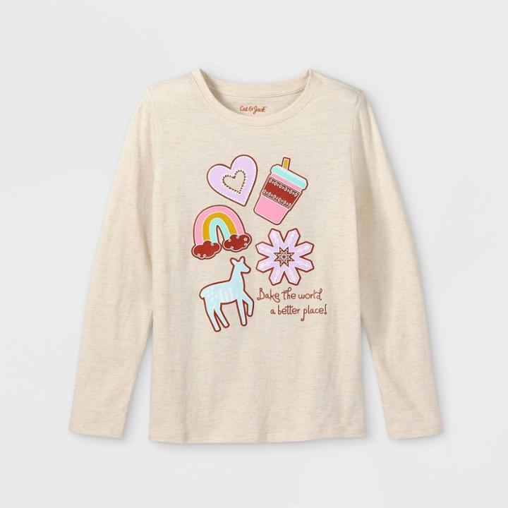 Girls' 'gingerbread Cookies' Long Sleeve Graphic T-shirt - Cat & Jack Oatmeal Heather