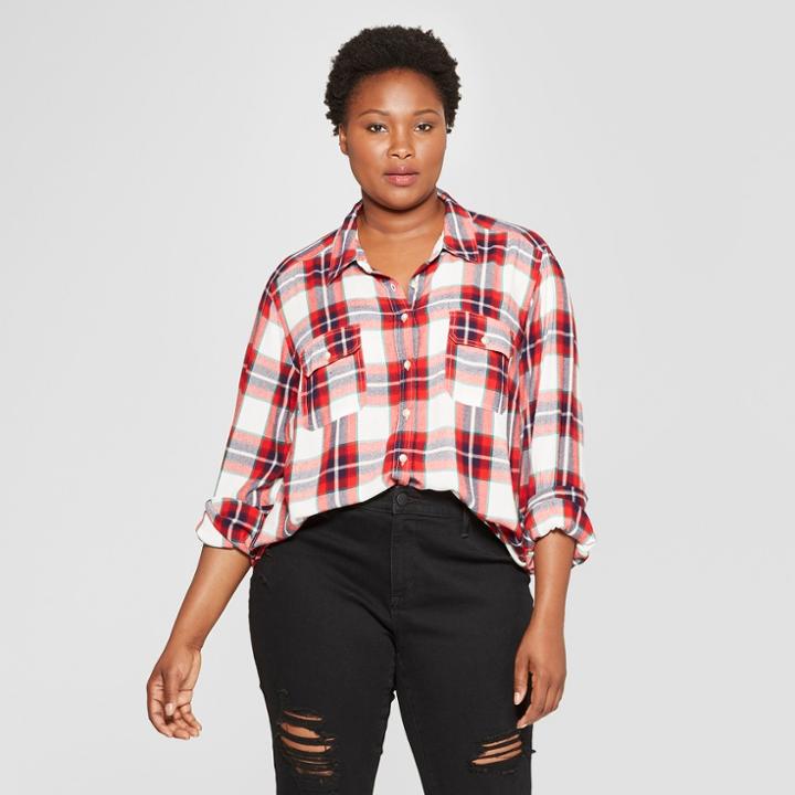 Women's Plus Size Plaid Long Sleeve Drapey Shirt - Universal Thread Red