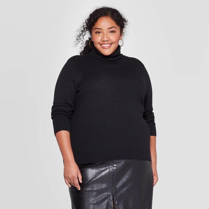 Women's Plus Size Ribbed Long Sleeve Ribbed Turtleneck Sweater - Ava & Viv Black X